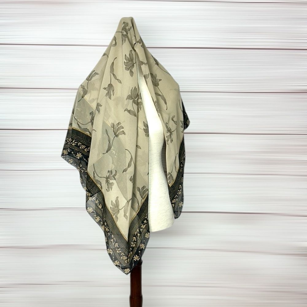 Silk Crepe Square Scarf Taupe Gray Floral Print Hand Rolled 41x41 inches - Picture 6 of 11